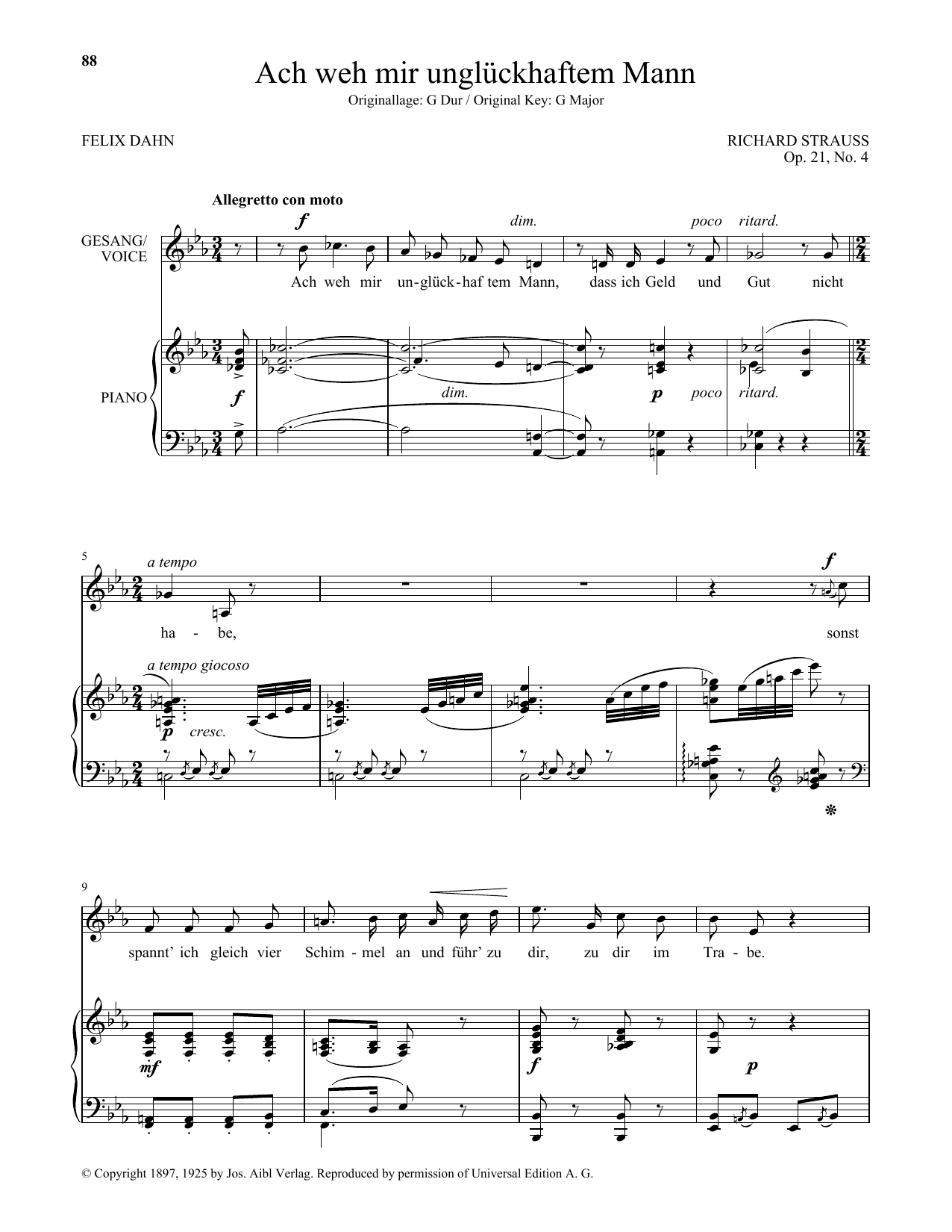 Download Richard Strauss Ach Weh Mir Ungluckhaftem Mann (Low Voi Sheet Music