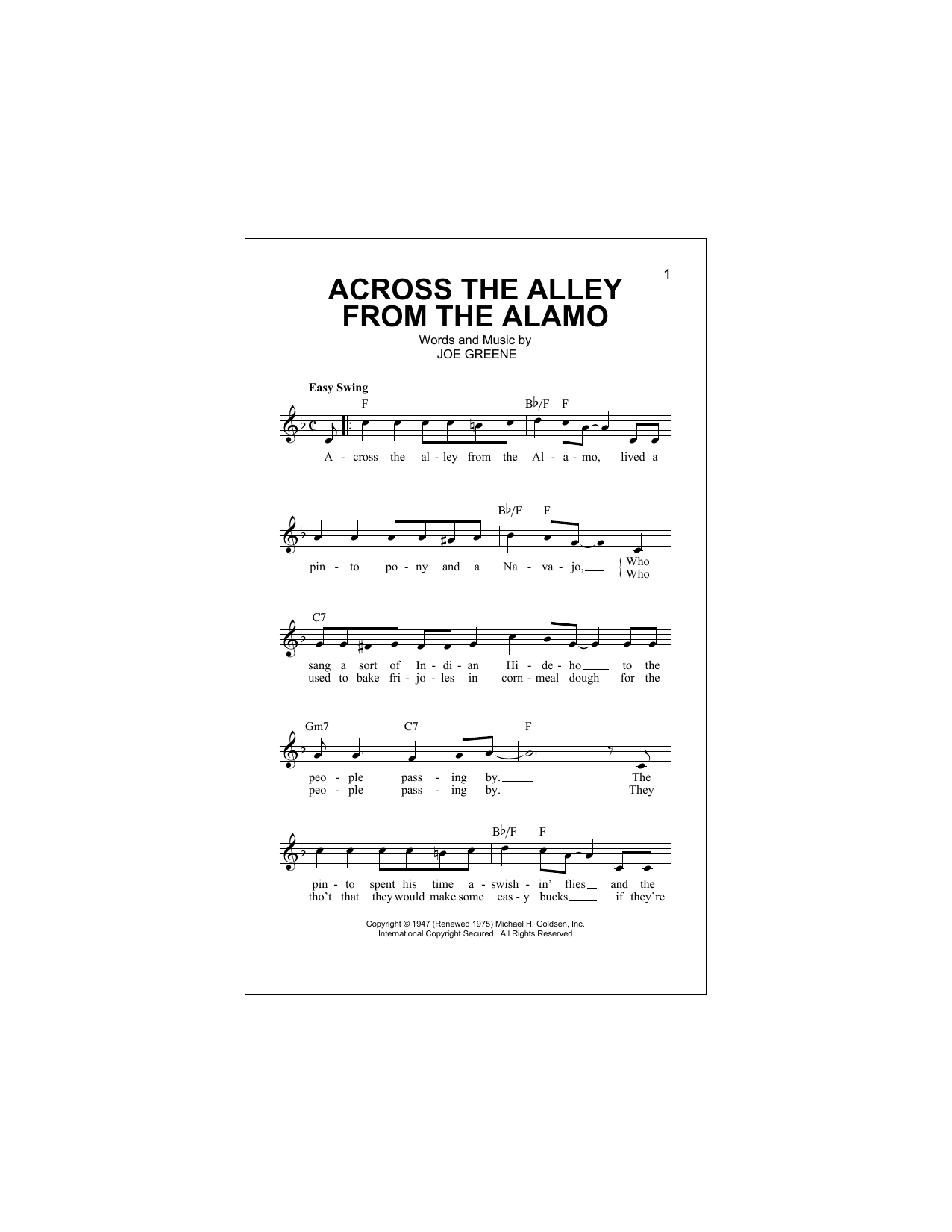 Download Joe Greene Across The Alley From The Alamo Sheet Music