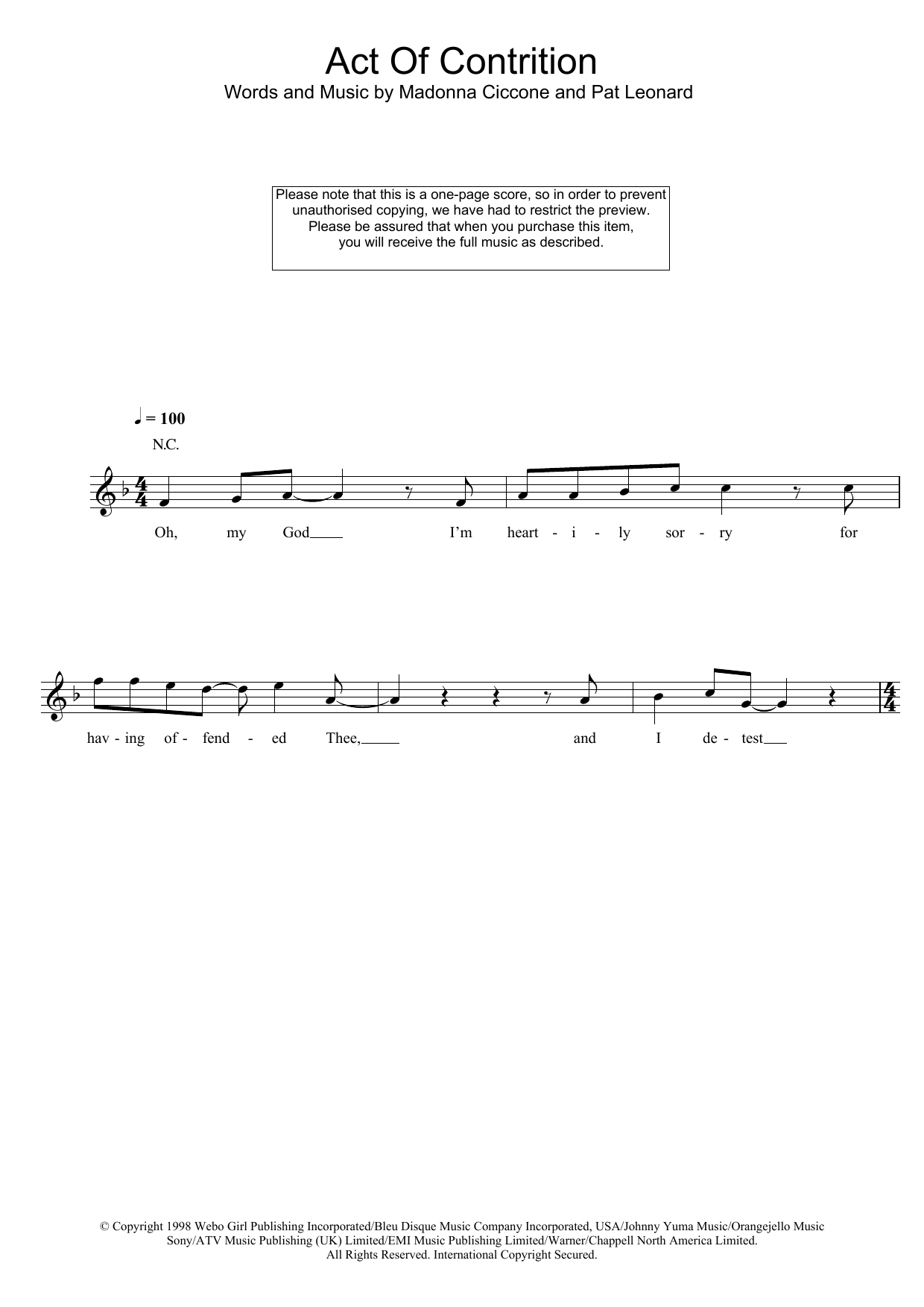 Download Madonna Act Of Contrition Sheet Music