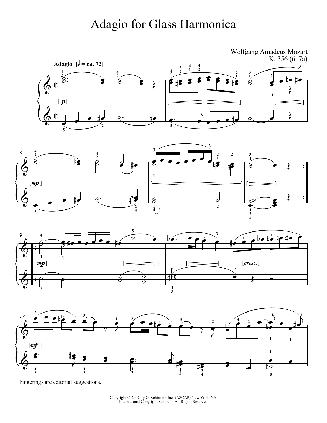 Download Wolfgang Amadeus Mozart Adagio For Glass Harmonica, K. 356 (617 Sheet Music