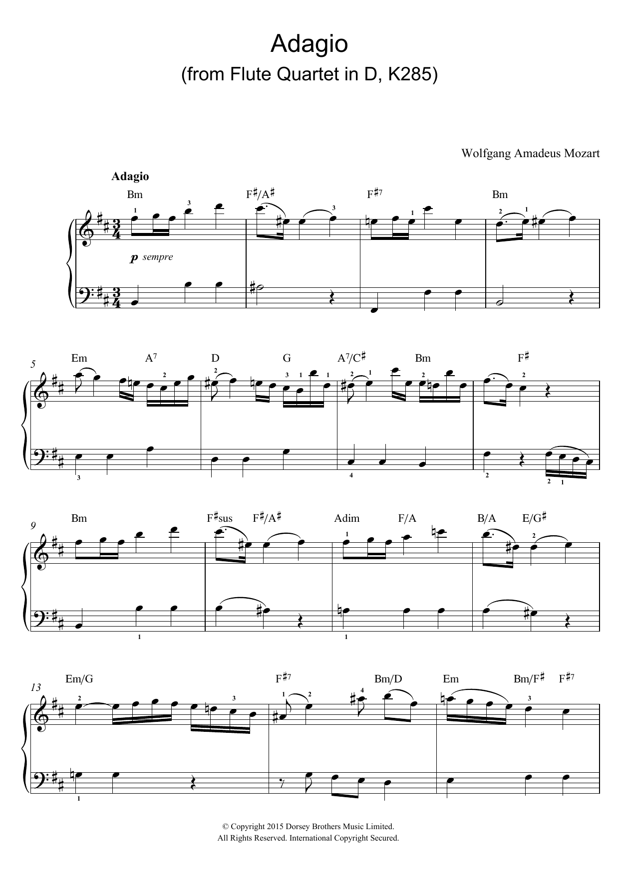 Download Wolfgang Amadeus Mozart Adagio (from Flute Quartet In D, K285) Sheet Music