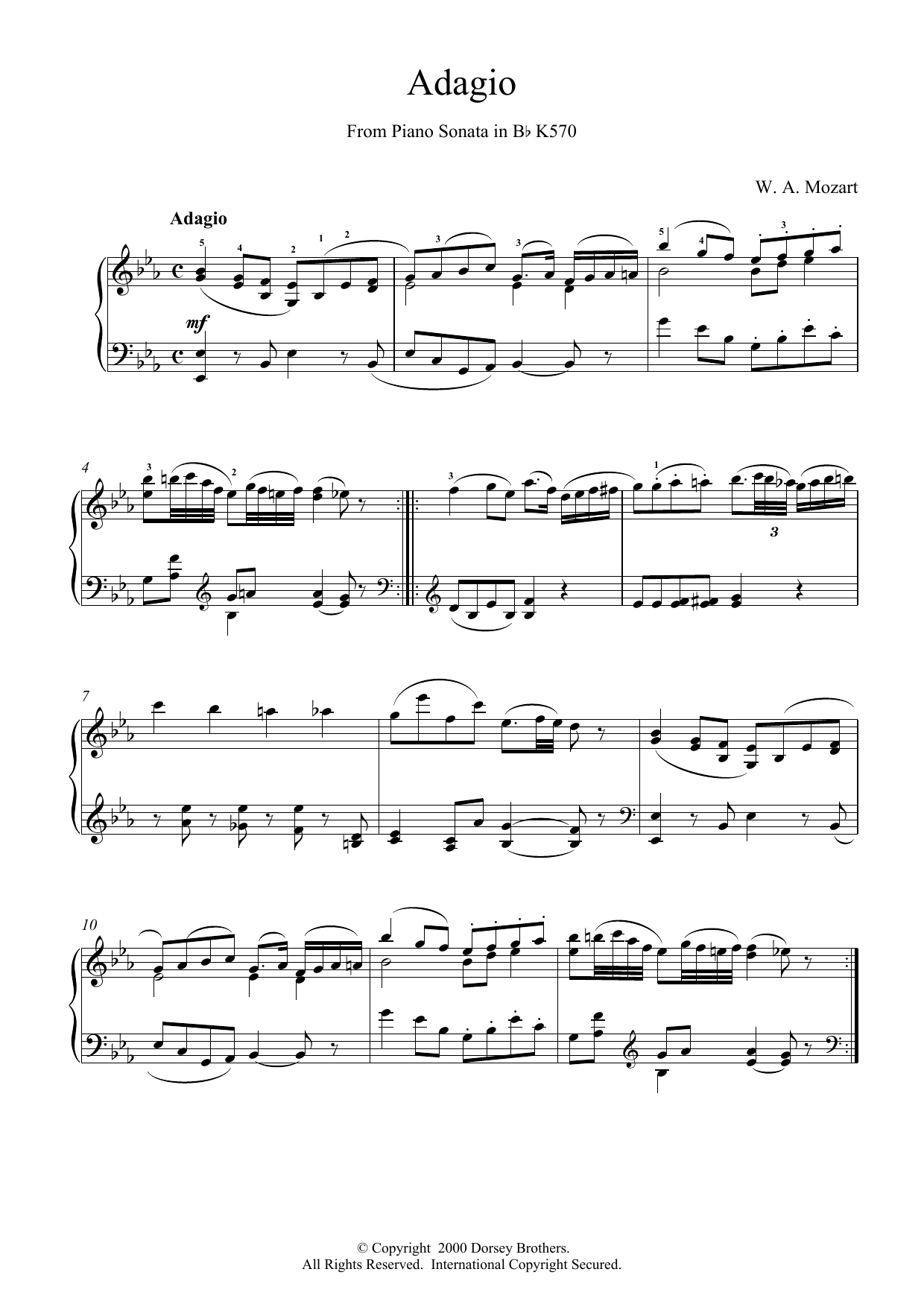 Download Wolfgang Amadeus Mozart Adagio from Piano Sonata in Bb, K570 Sheet Music