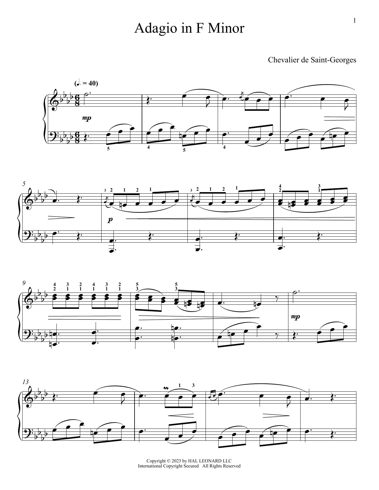 Download Chevalier de Saint-Georges Adagio In F Minor Sheet Music