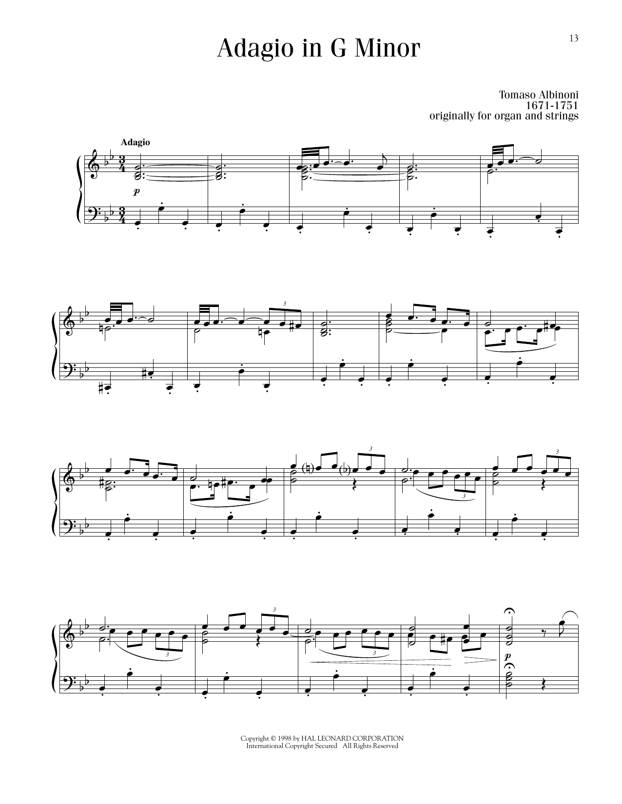 Tomaso Albinoni Adagio in G Minor sheet music notes printable PDF score