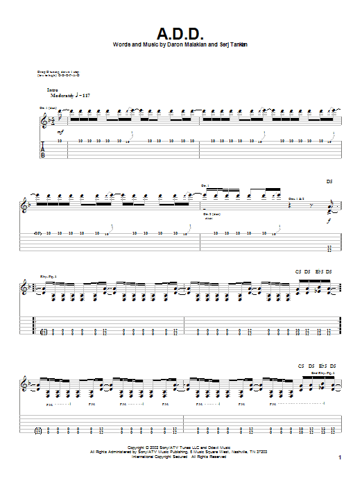 Download System Of A Down A.D.D. Sheet Music