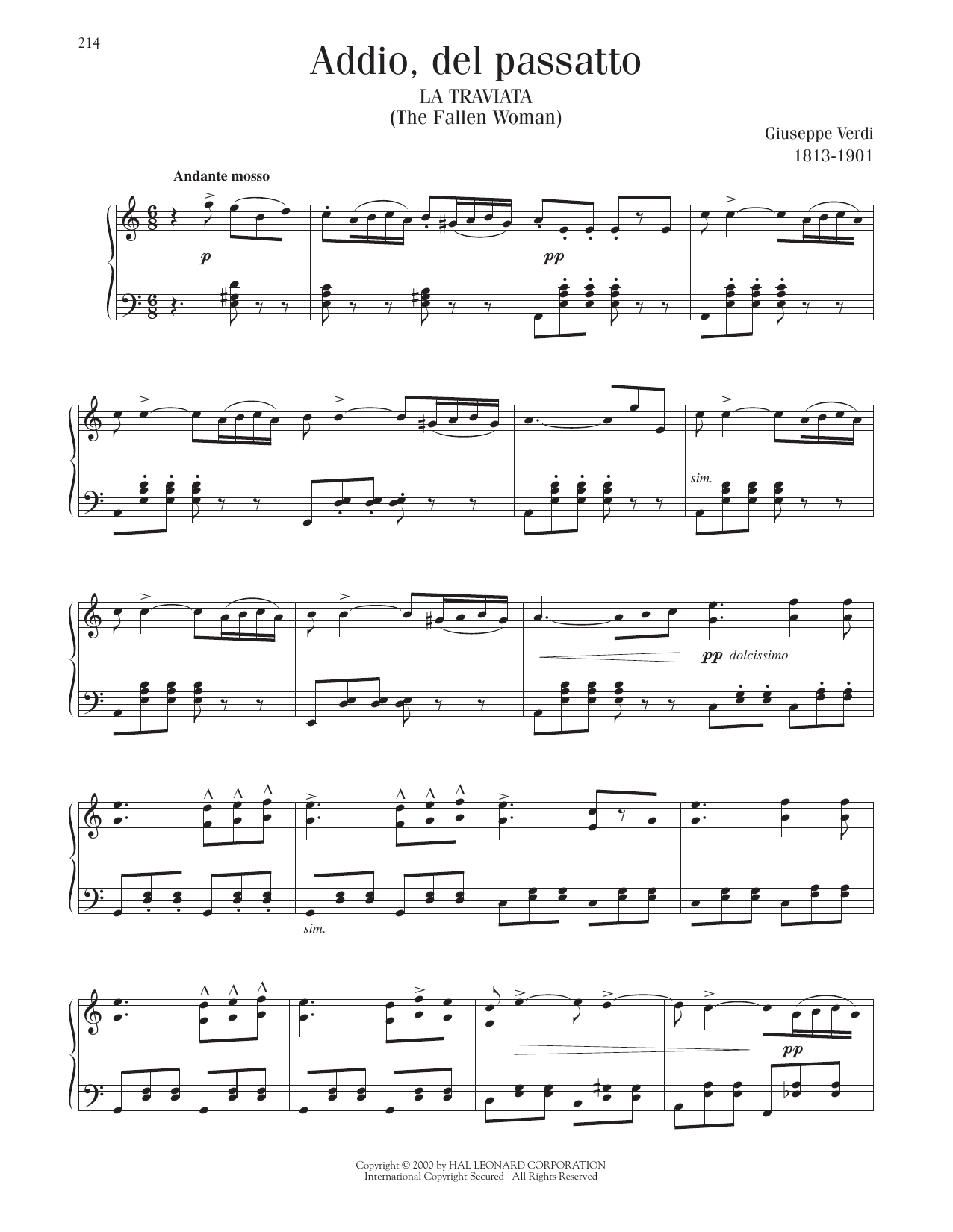 Giuseppe Verdi Addio, Del Passatto sheet music notes printable PDF score