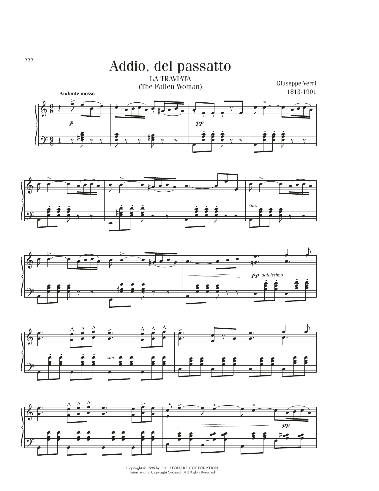 Giuseppe Verdi Addio, Del Passatto sheet music notes printable PDF score