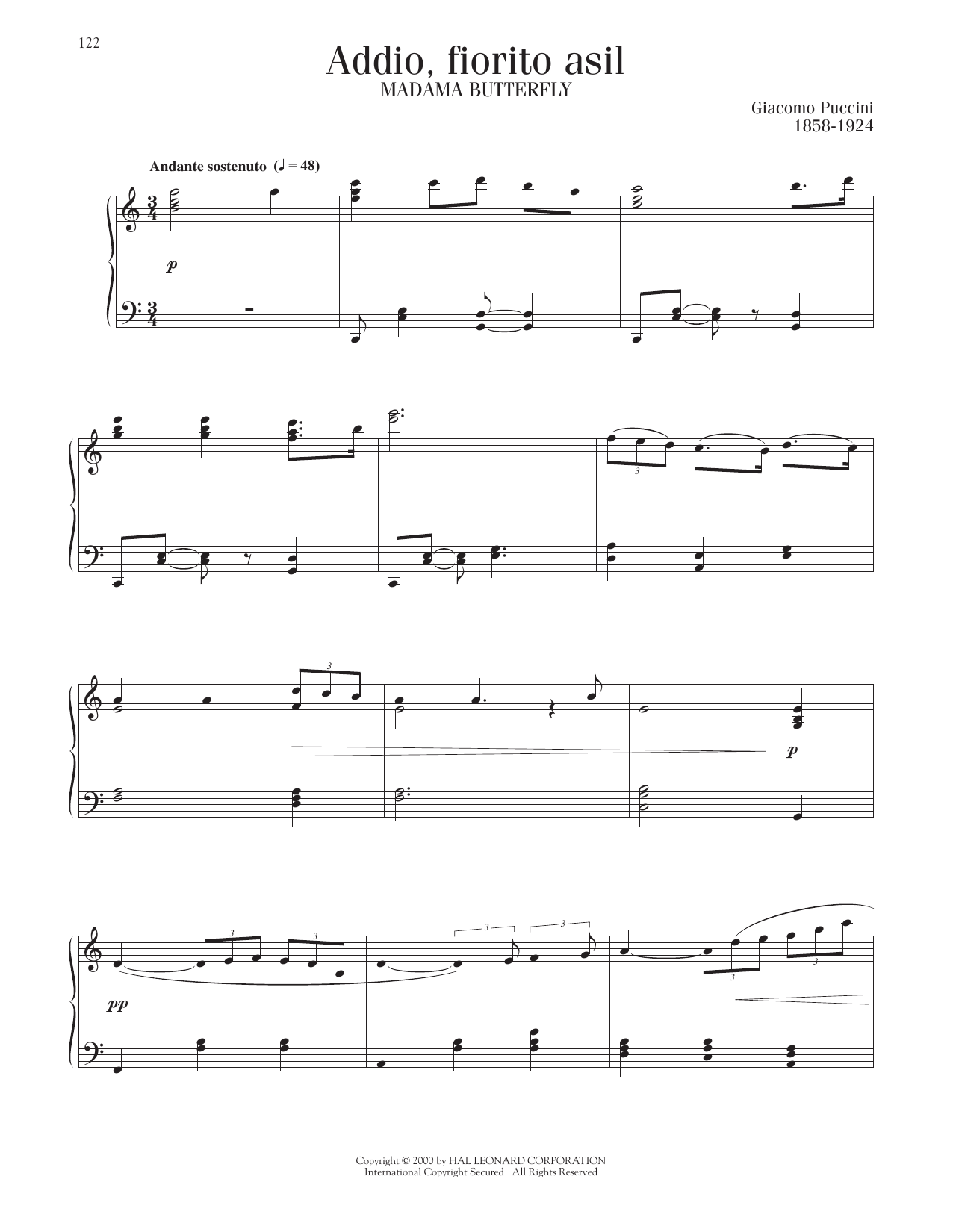 Giacomo Puccini Addio, Fiorito Asil sheet music notes printable PDF score