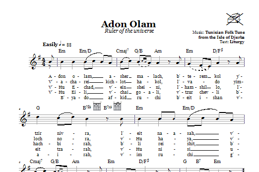 Download Tunisian Folk Tune Adon Olam (Ruler Of The Universe) Sheet Music