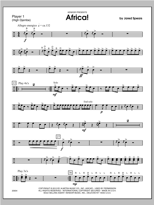 Download Spears Africa! - Percussion 1 Sheet Music