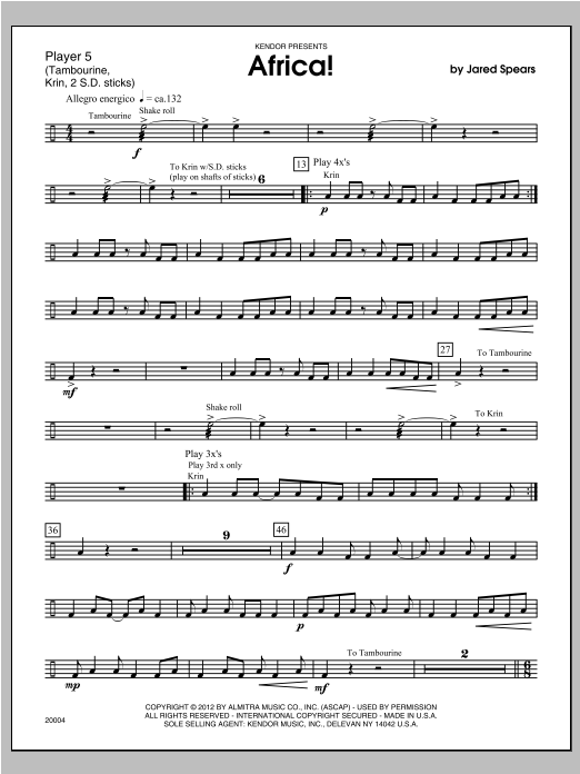 Download Spears Africa! - Percussion 5 Sheet Music
