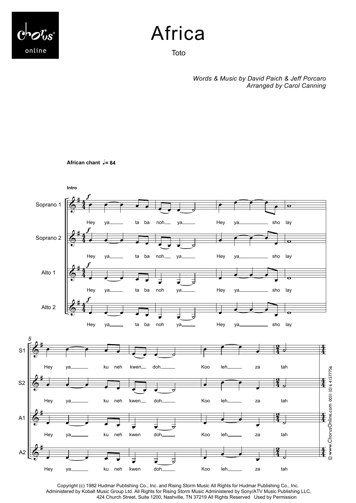 Toto Africa (arr. Carol Canning) sheet music notes printable PDF score