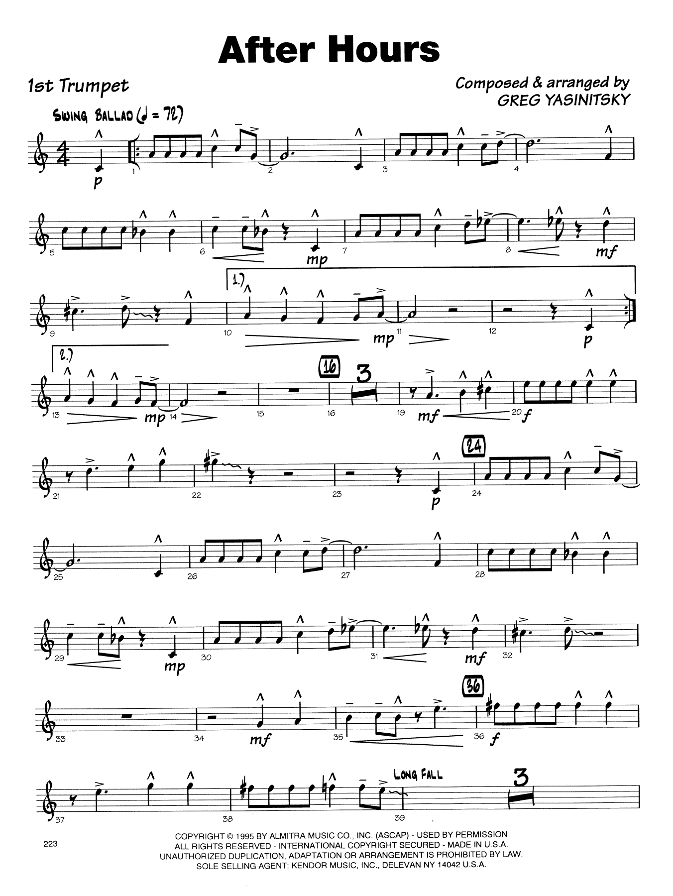 Download Gregory Yasinitsky After Hours - 1st Bb Trumpet Sheet Music