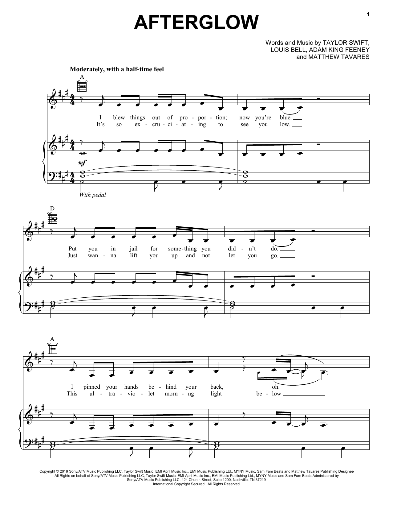 Download Taylor Swift Afterglow Sheet Music