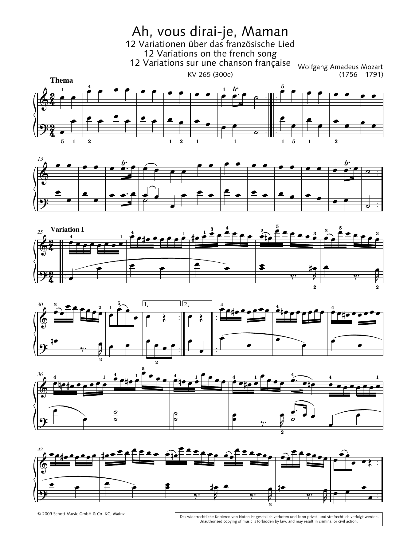 Download Wolfgang Amadeus Mozart Ah, vous dirai-je, Maman in C major Sheet Music