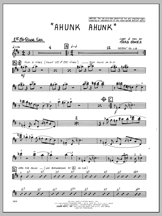 Download Thad Jones Ahunk Ahunk - 1st Bb Tenor Saxophone Sheet Music