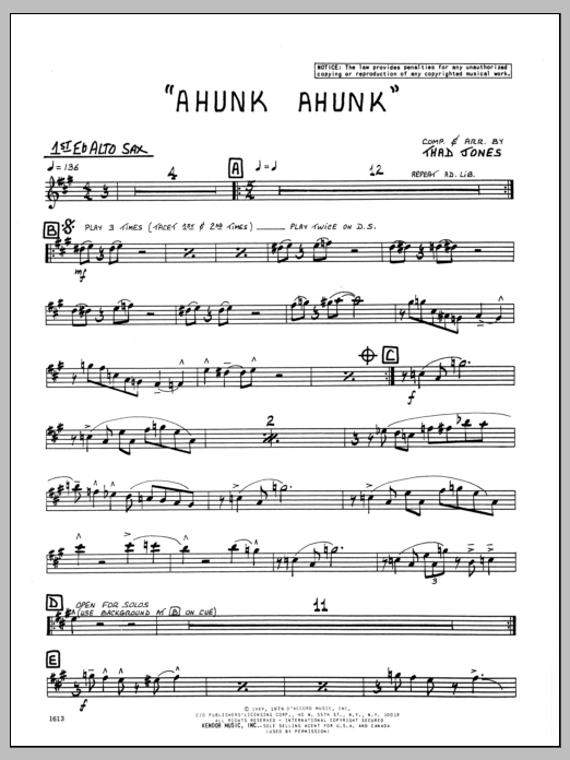 Download Thad Jones Ahunk Ahunk - 1st Eb Alto Saxophone Sheet Music