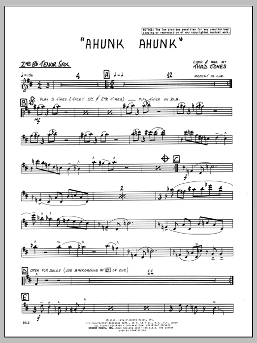 Download Thad Jones Ahunk Ahunk - 2nd Bb Tenor Saxophone Sheet Music