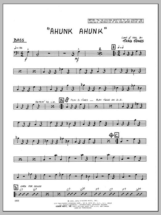 Download Thad Jones Ahunk Ahunk - Bass Sheet Music