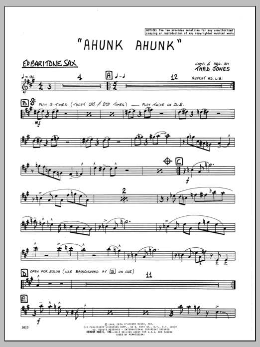 Download Thad Jones Ahunk Ahunk - Eb Baritone Sax Sheet Music