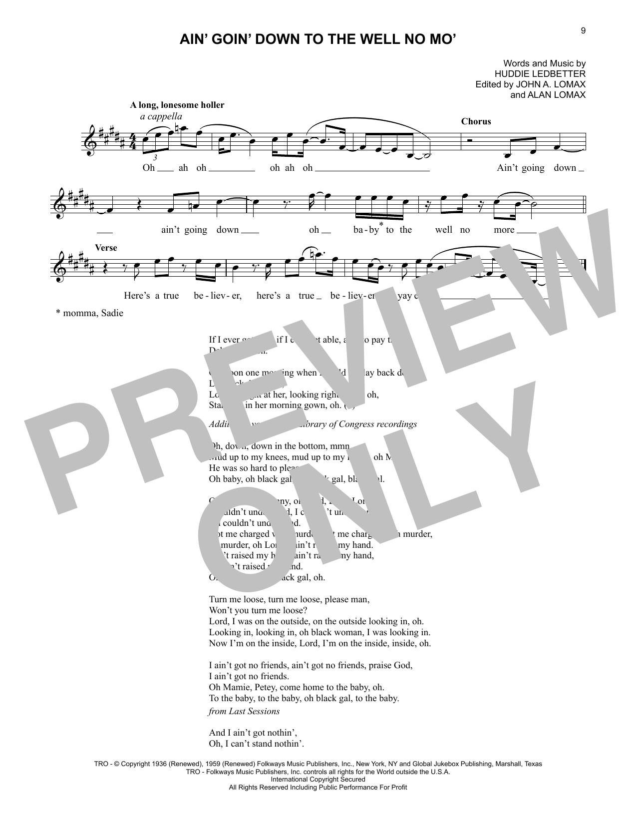 Lead Belly Ain' Goin' Down To The Well No Mo' sheet music notes printable PDF score