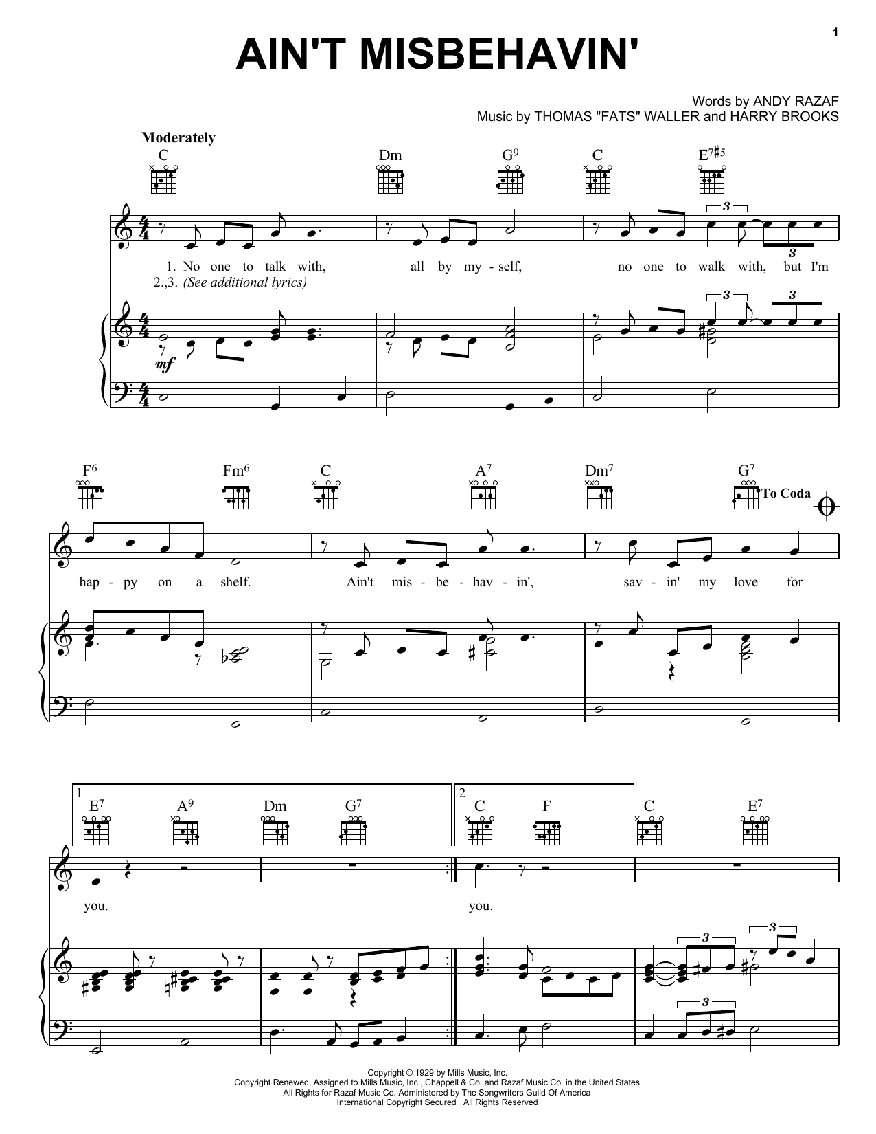 Fats Waller Ain't Misbehavin' sheet music notes printable PDF score