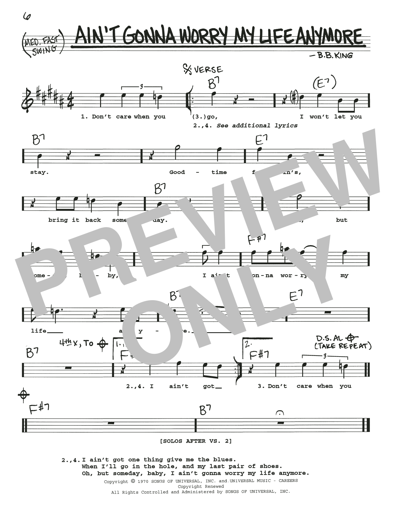 Download B.B. King Ain't Gonna Worry My Life Anymore Sheet Music