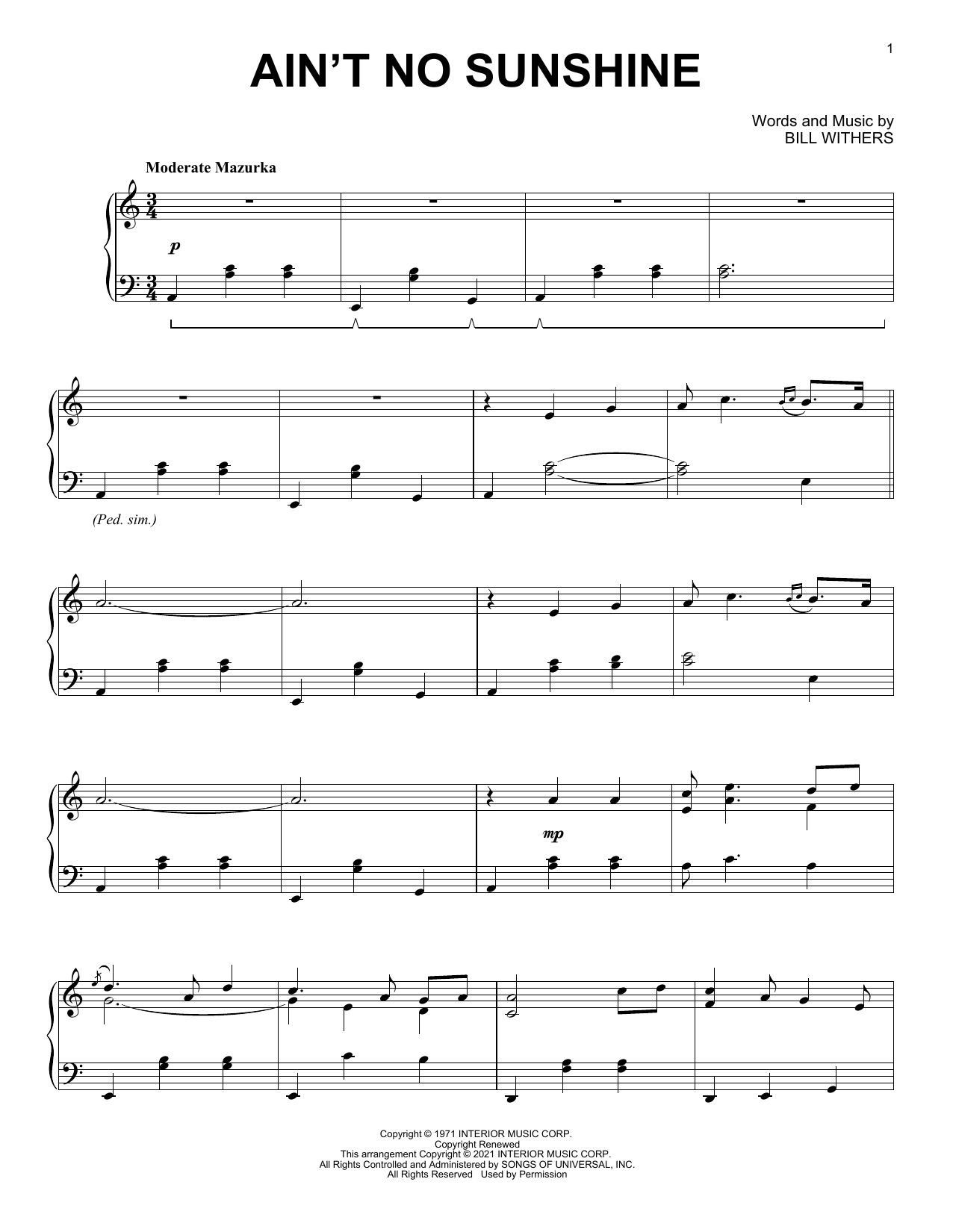 Download Bill Withers Ain't No Sunshine [Classical version] Sheet Music