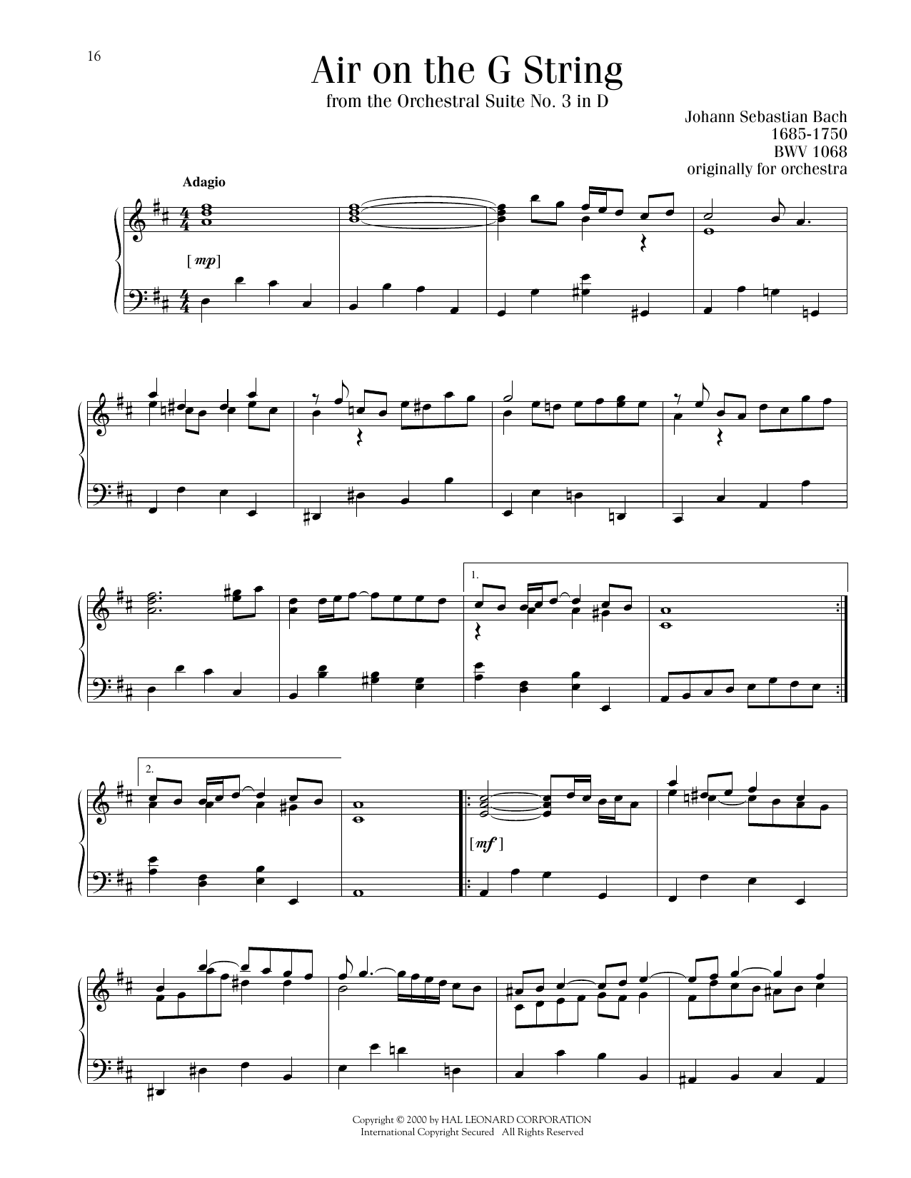 Johann Sebastian Bach Air (Air On The G String) sheet music notes printable PDF score