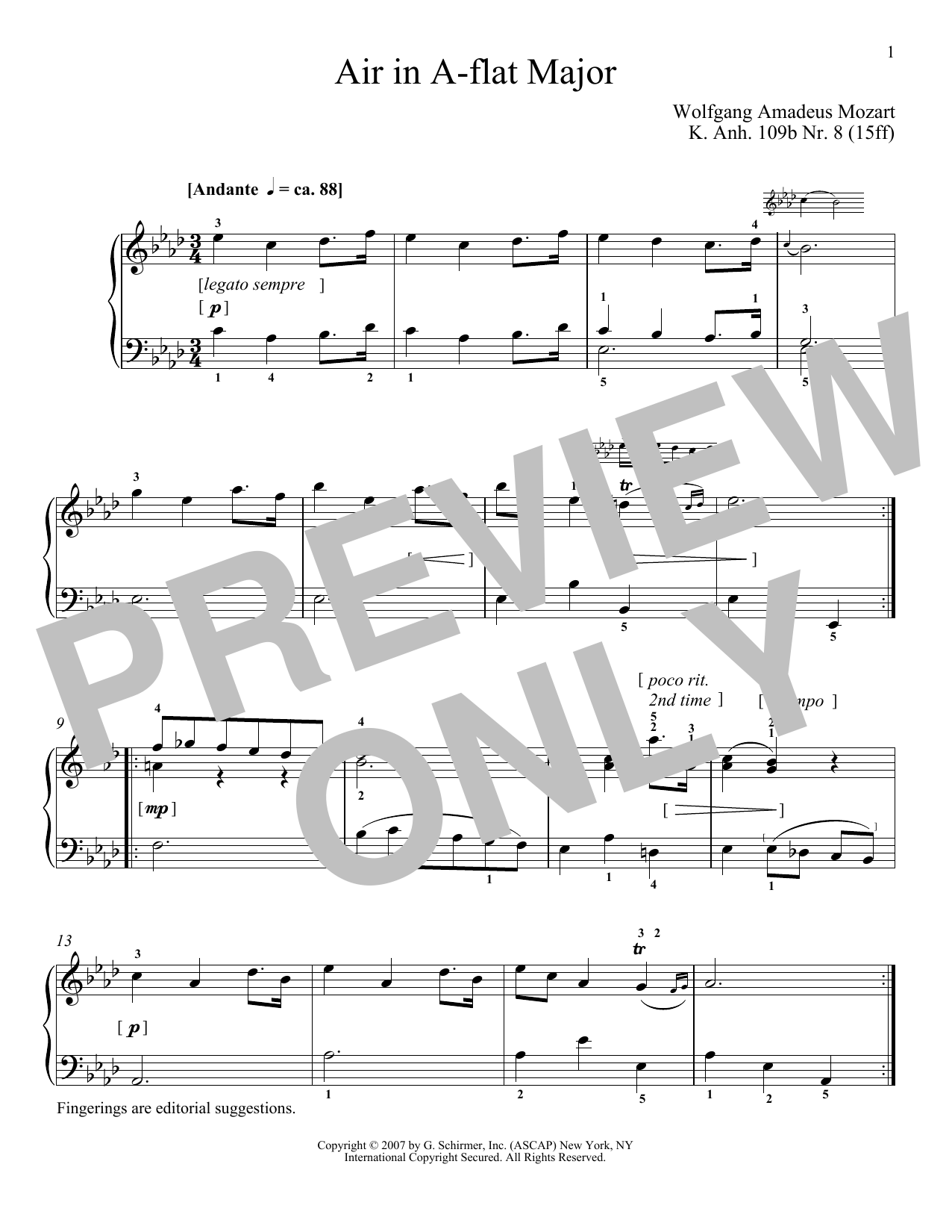 Download Wolfgang Amadeus Mozart Air In A-Flat Major, K109b, No. 8 Sheet Music