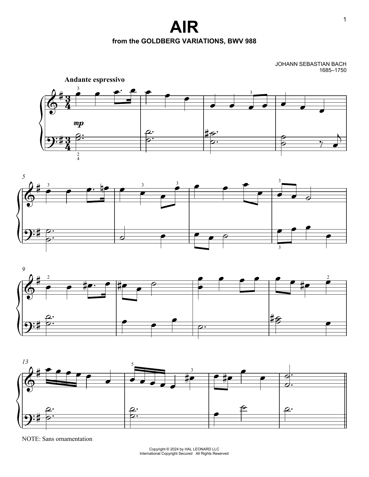 Johann Sebastian Bach Air sheet music notes printable PDF score
