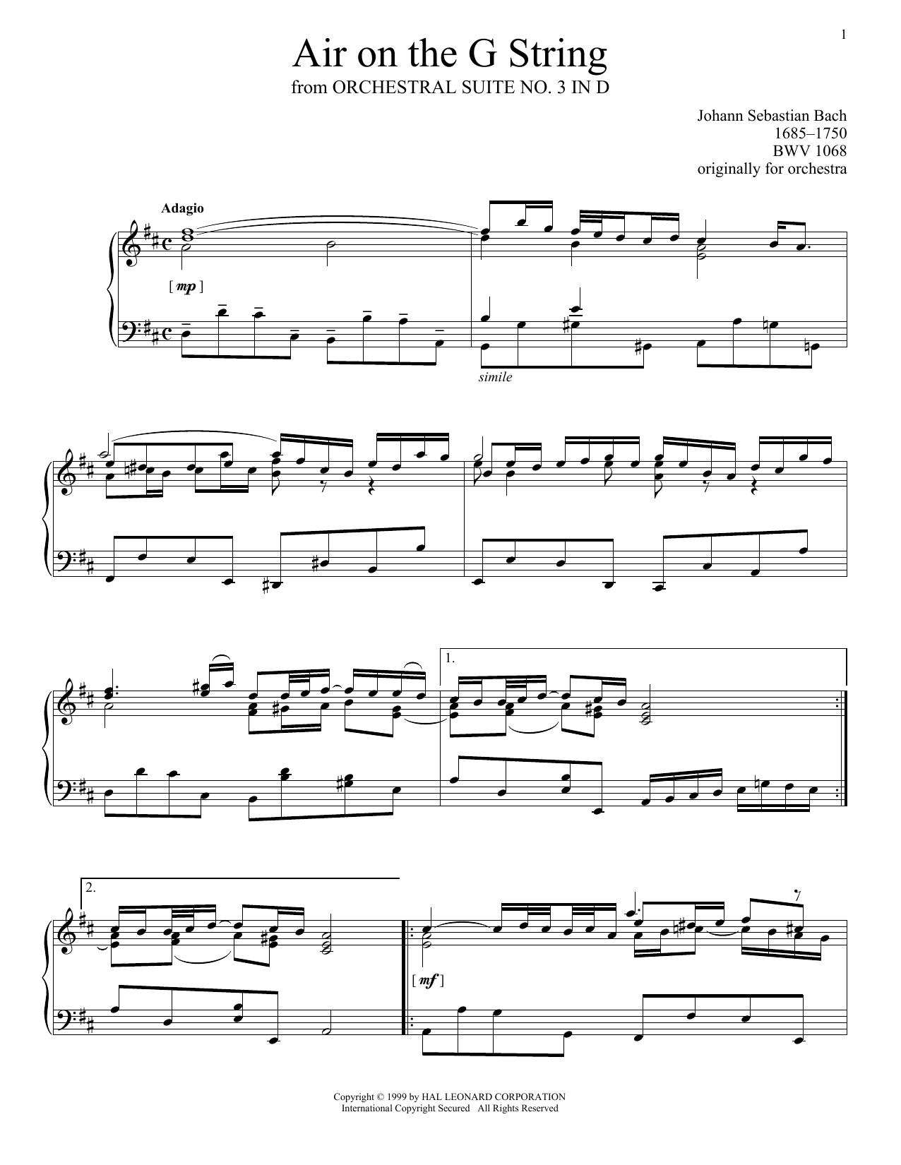 Johann Sebastian Bach Air On The G String sheet music notes printable PDF score