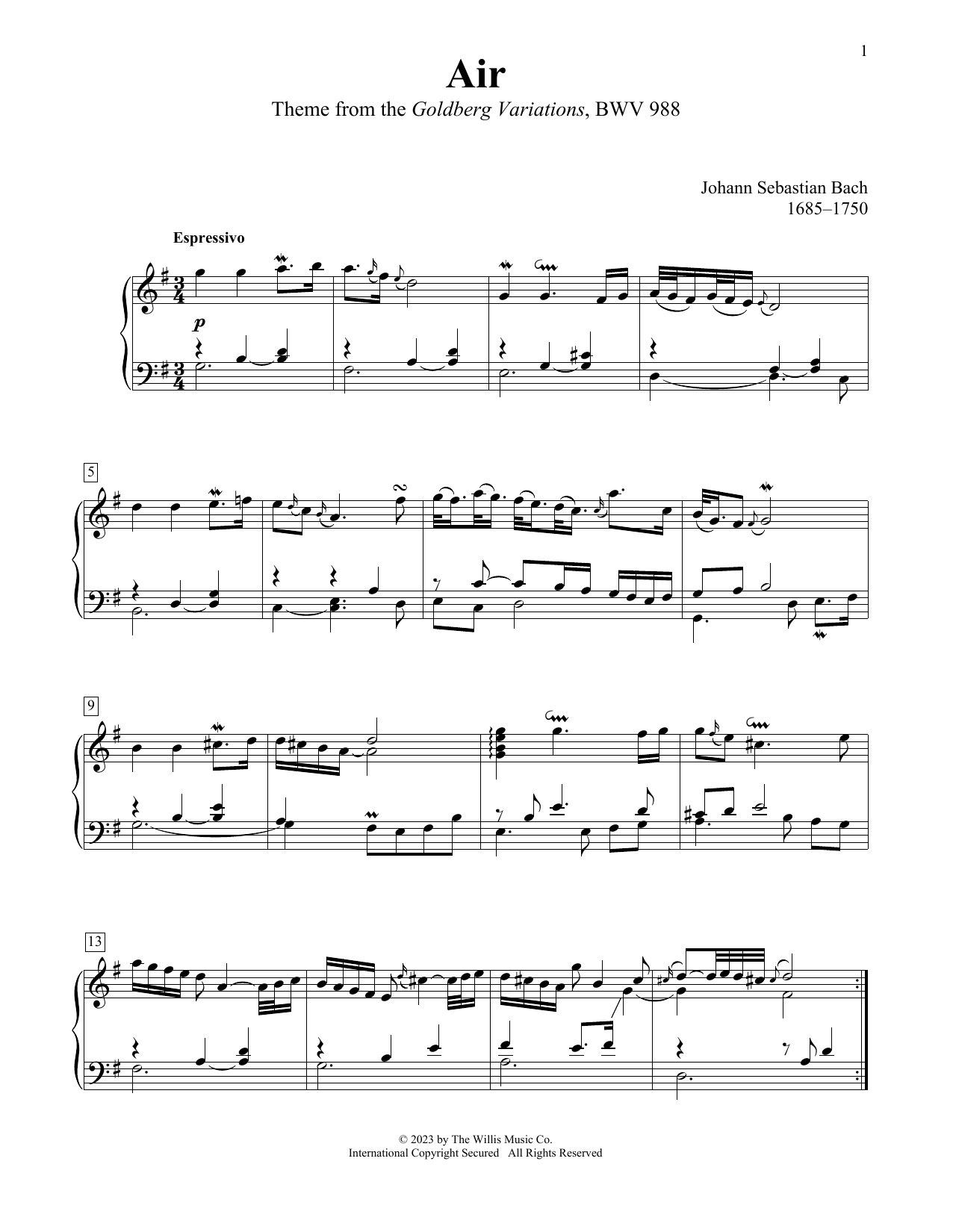 Johann Sebastian Bach Air (Theme From The Goldberg Variations, BWV 988) sheet music notes printable PDF score