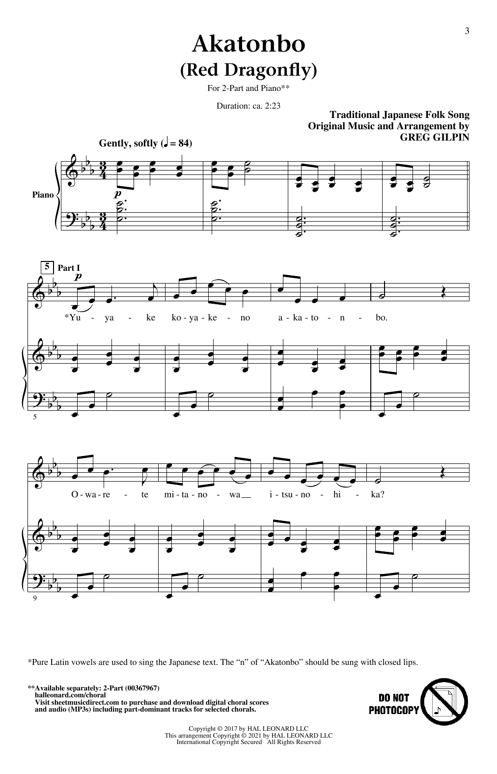 Traditional Japanese Folk Song Akatonbo (Red Dragonfly) (arr. Greg Gilpin) sheet music notes printable PDF score