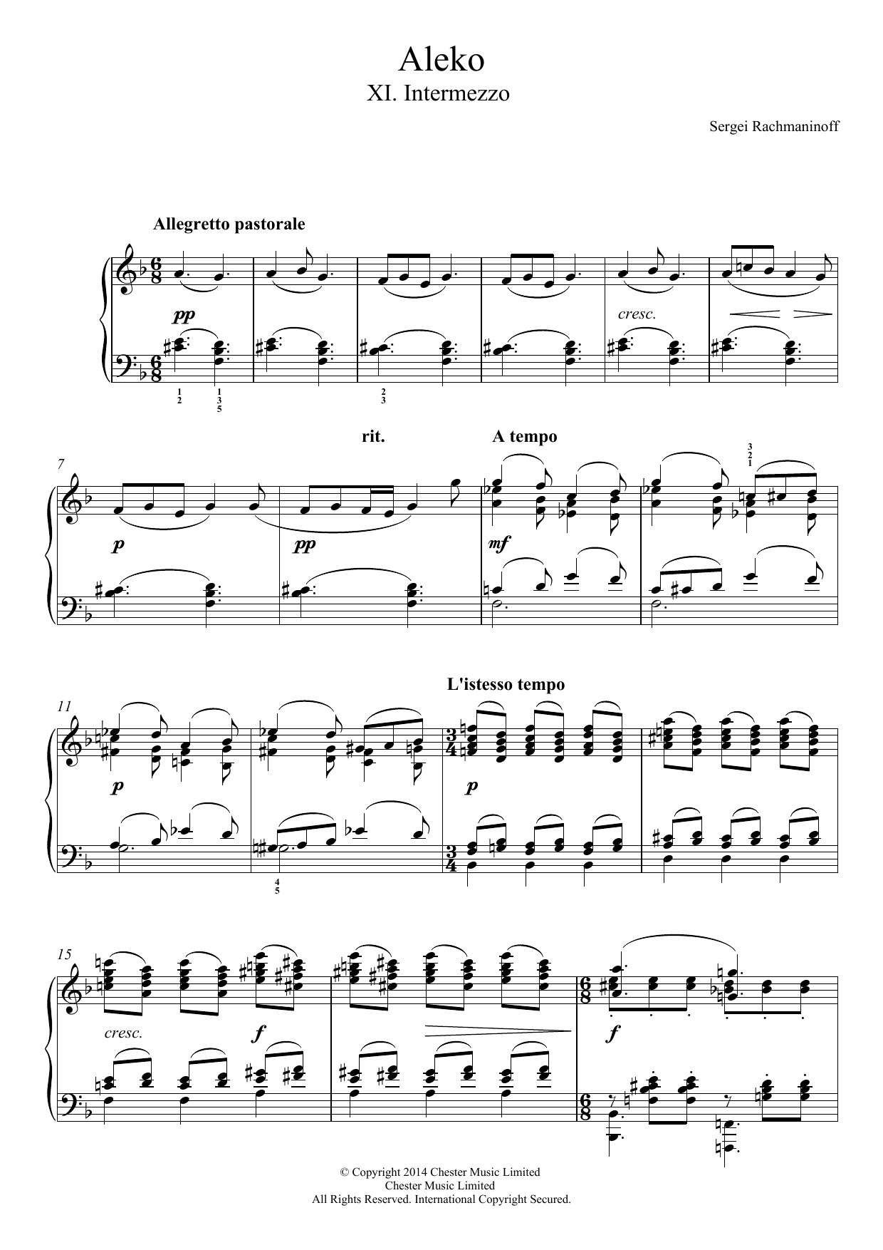 Download Sergei Rachmaninoff Aleko - No.11 Intermezzo Sheet Music
