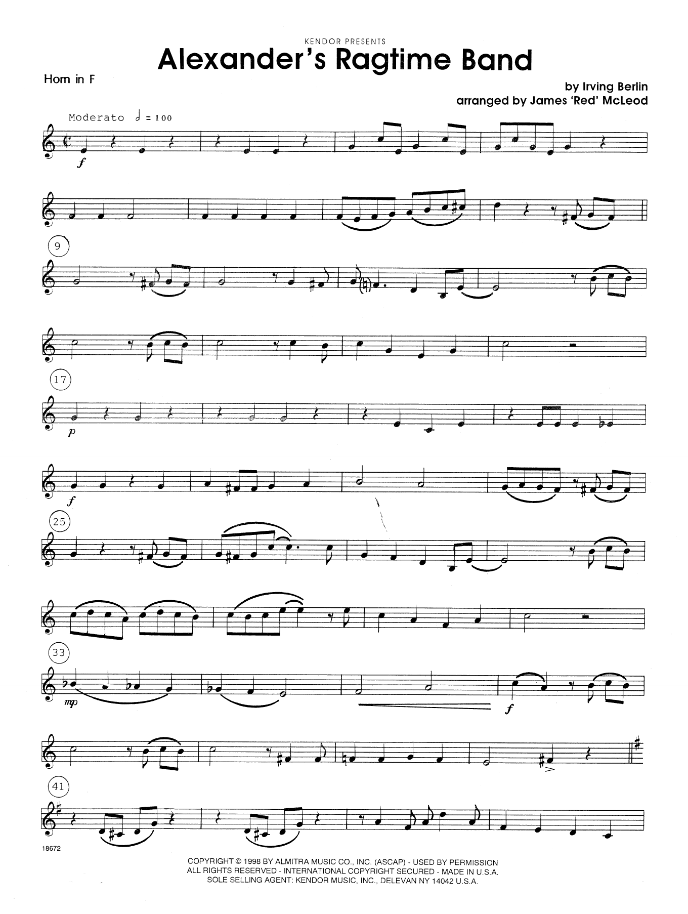 Download James 'Red' McLeod Alexander's Ragtime Band - Horn in F Sheet Music