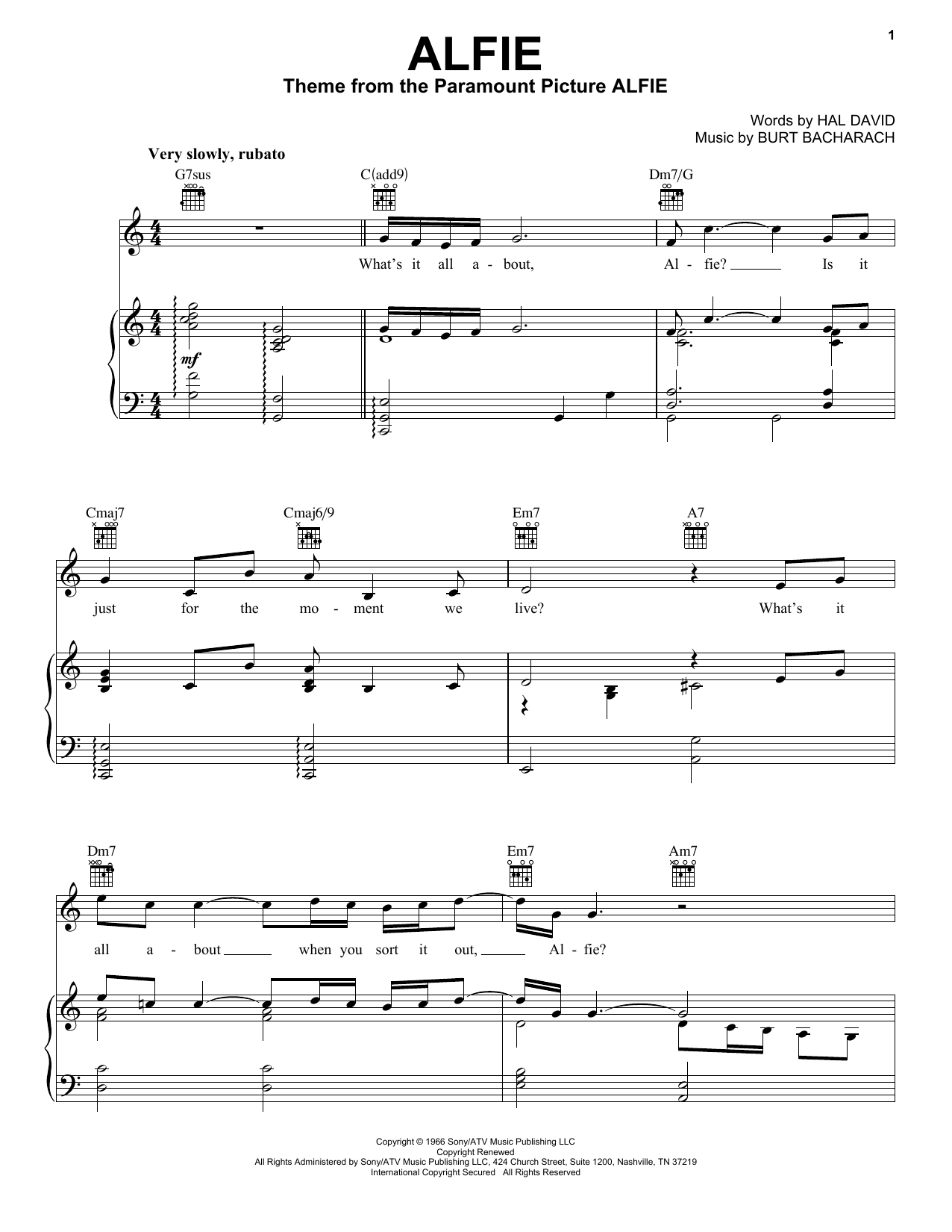 Bacharach & David Alfie sheet music notes printable PDF score