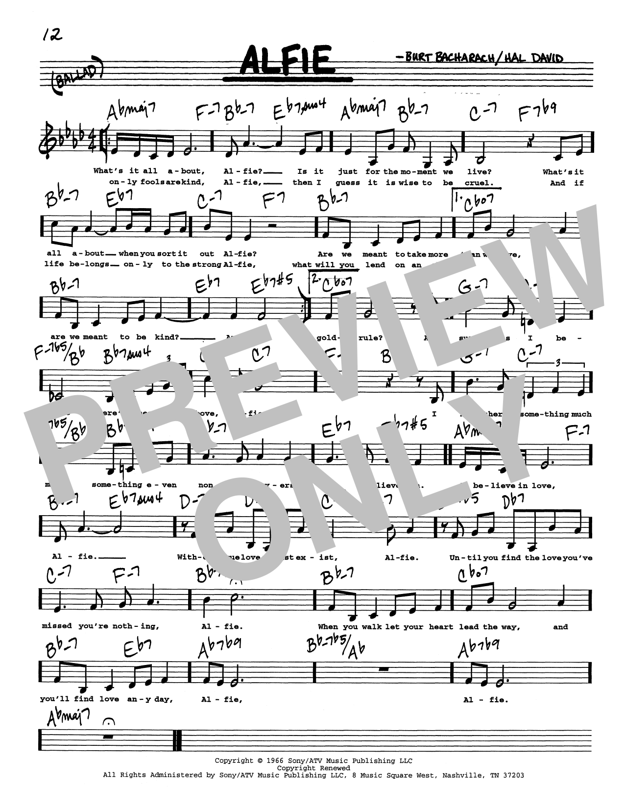 Bacharach & David Alfie (Low Voice) sheet music notes printable PDF score