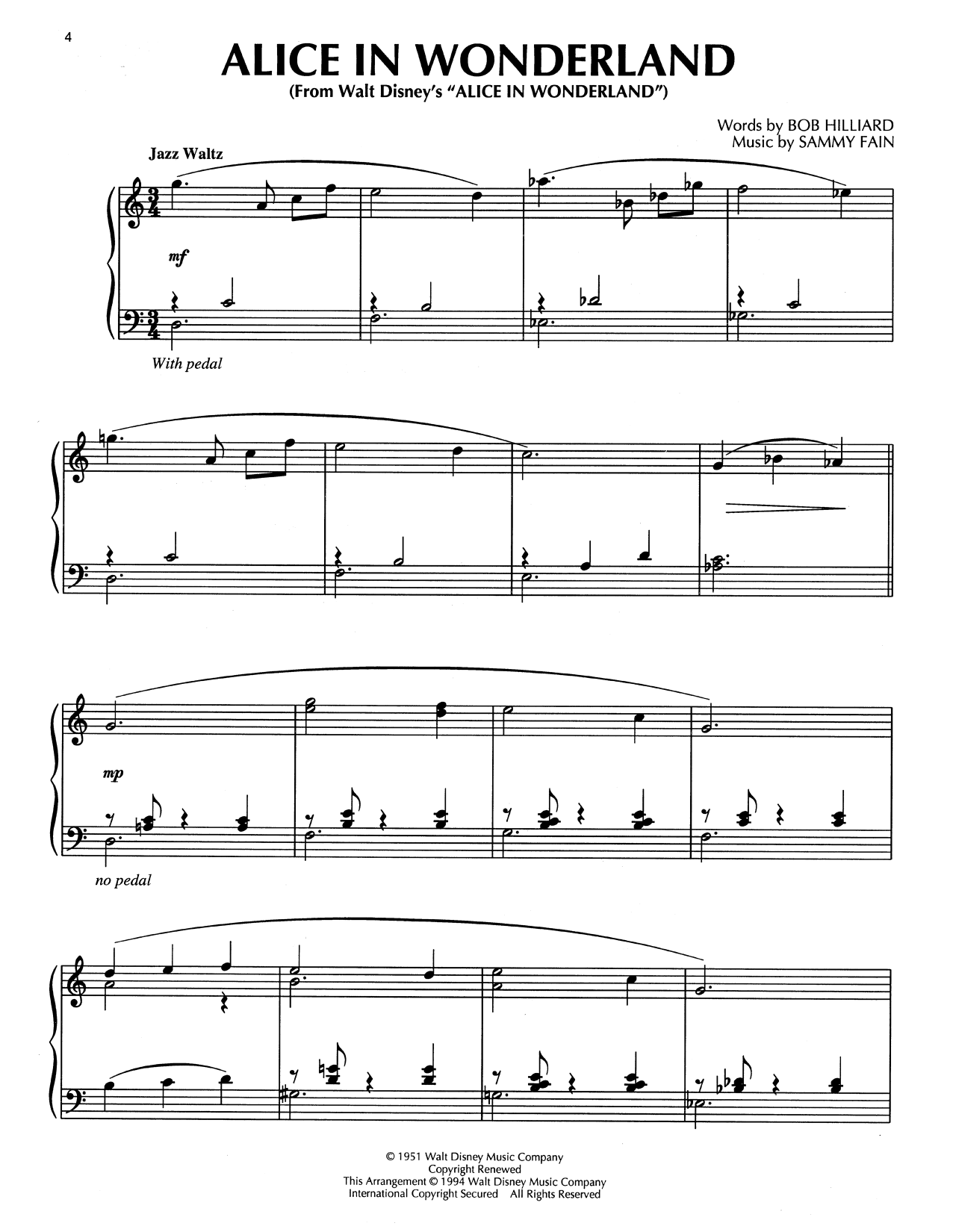 Download Bill Evans Alice In Wonderland (from Disney's Alic Sheet Music