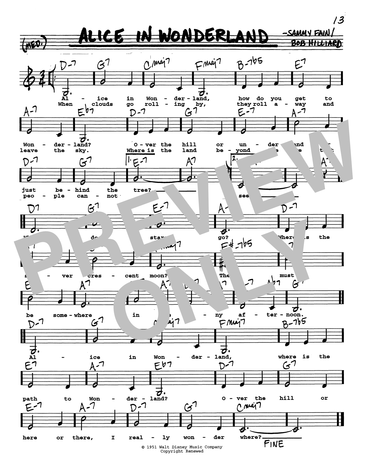 Sammy Fain Alice In Wonderland (Low Voice) sheet music notes printable PDF score