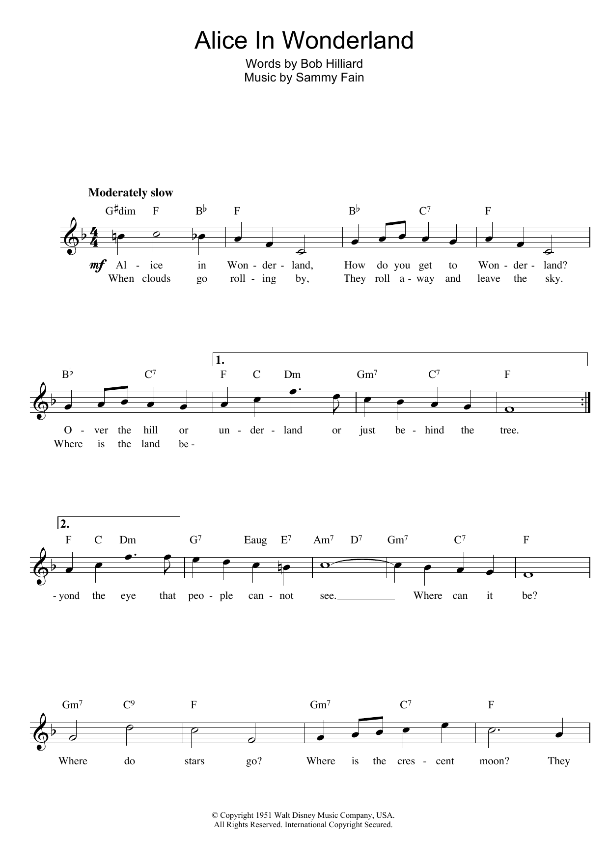 Sammy Fain Alice In Wonderland sheet music notes printable PDF score