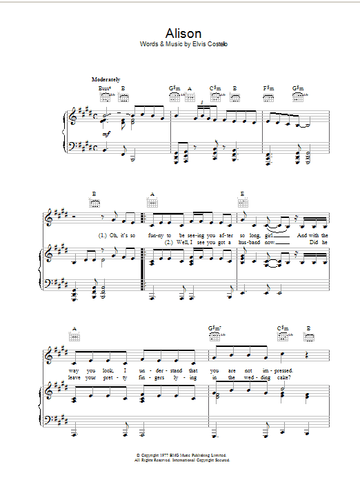 Elvis Costello Alison sheet music notes printable PDF score