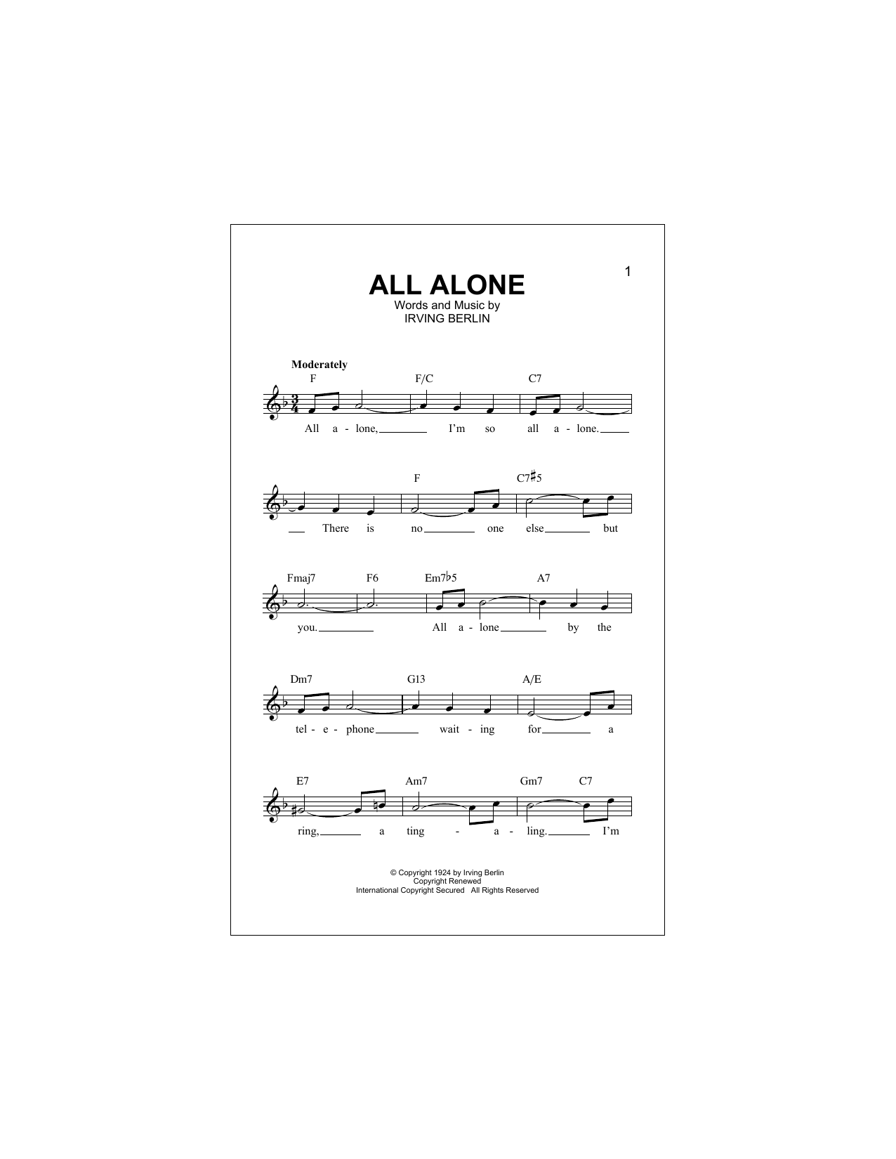 Download Irving Berlin All Alone Sheet Music