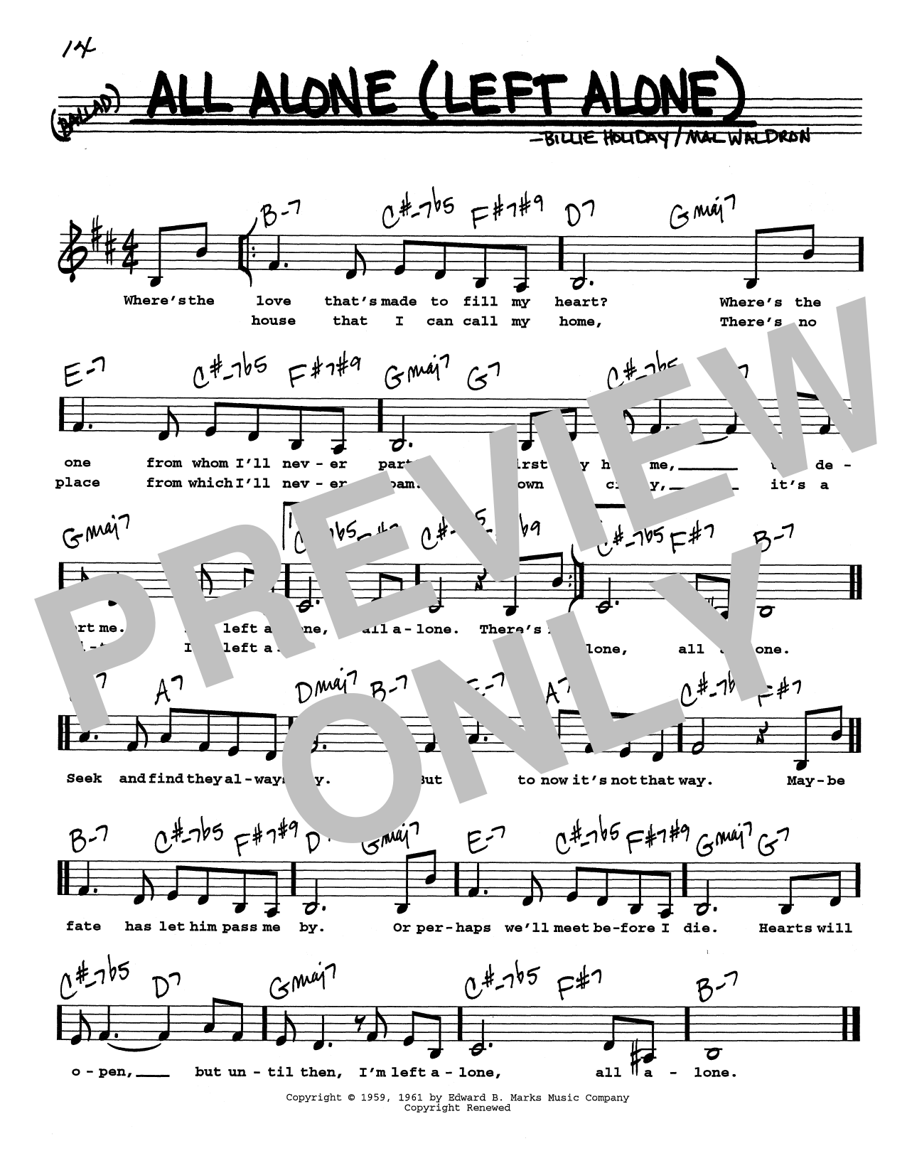 Billie Holiday All Alone (Left Alone) (Low Voice) sheet music notes printable PDF score