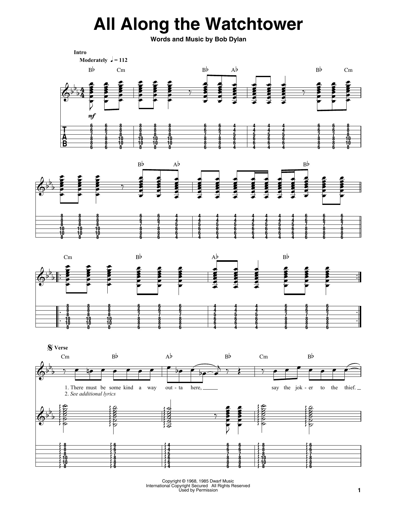 Download The Jimi Hendrix Experience All Along The Watchtower Sheet Music