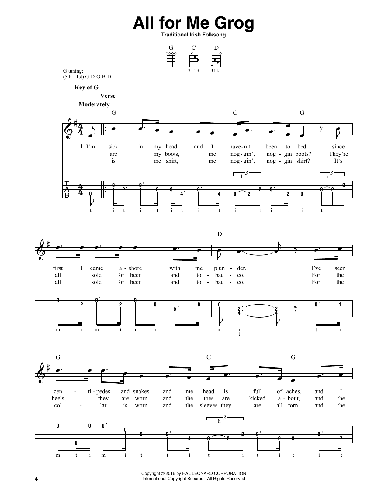 Download Traditional Irish Folksong All For Me Grog Sheet Music