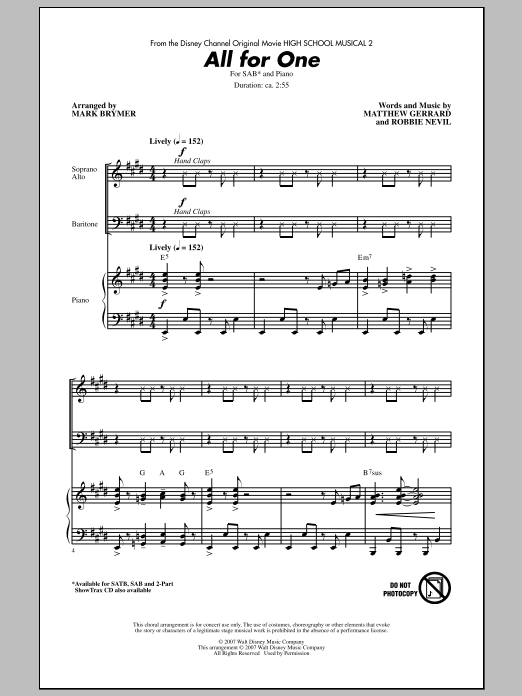 Download Mark Brymer All For One (from High School Musical 2 Sheet Music