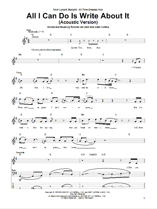 Download Lynyrd Skynyrd All I Can Do Is Write About It Sheet Music
