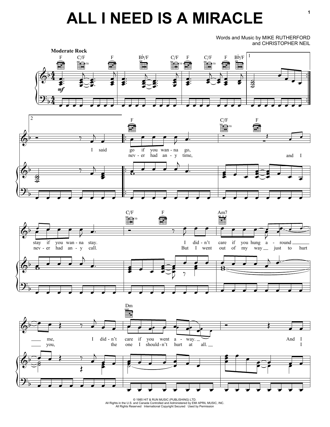 Download Mike & The Mechanics All I Need Is A Miracle Sheet Music