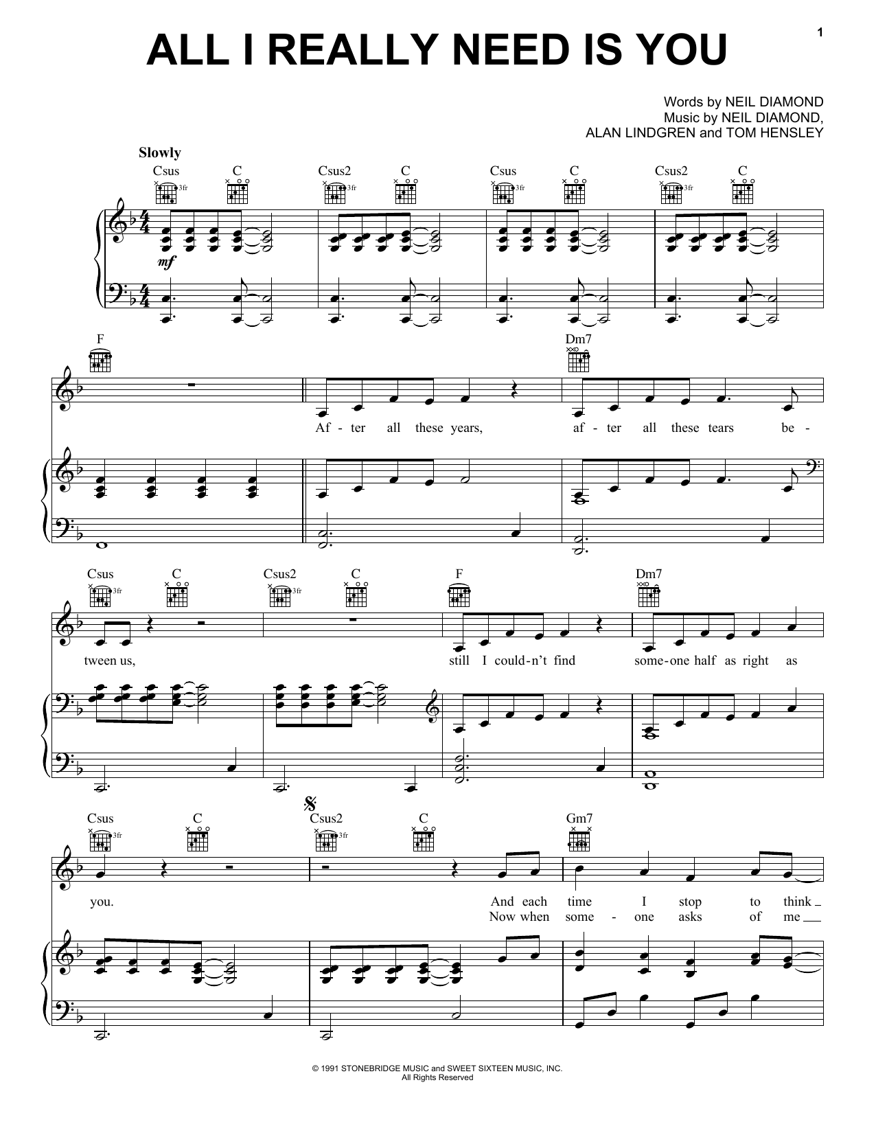 Neil Diamond All I Really Need Is You sheet music notes printable PDF score